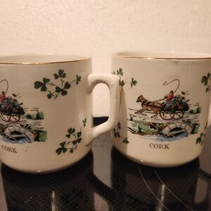 Carrigaline Pottery Cork Ceramic Mugs with Green and Gold Accents